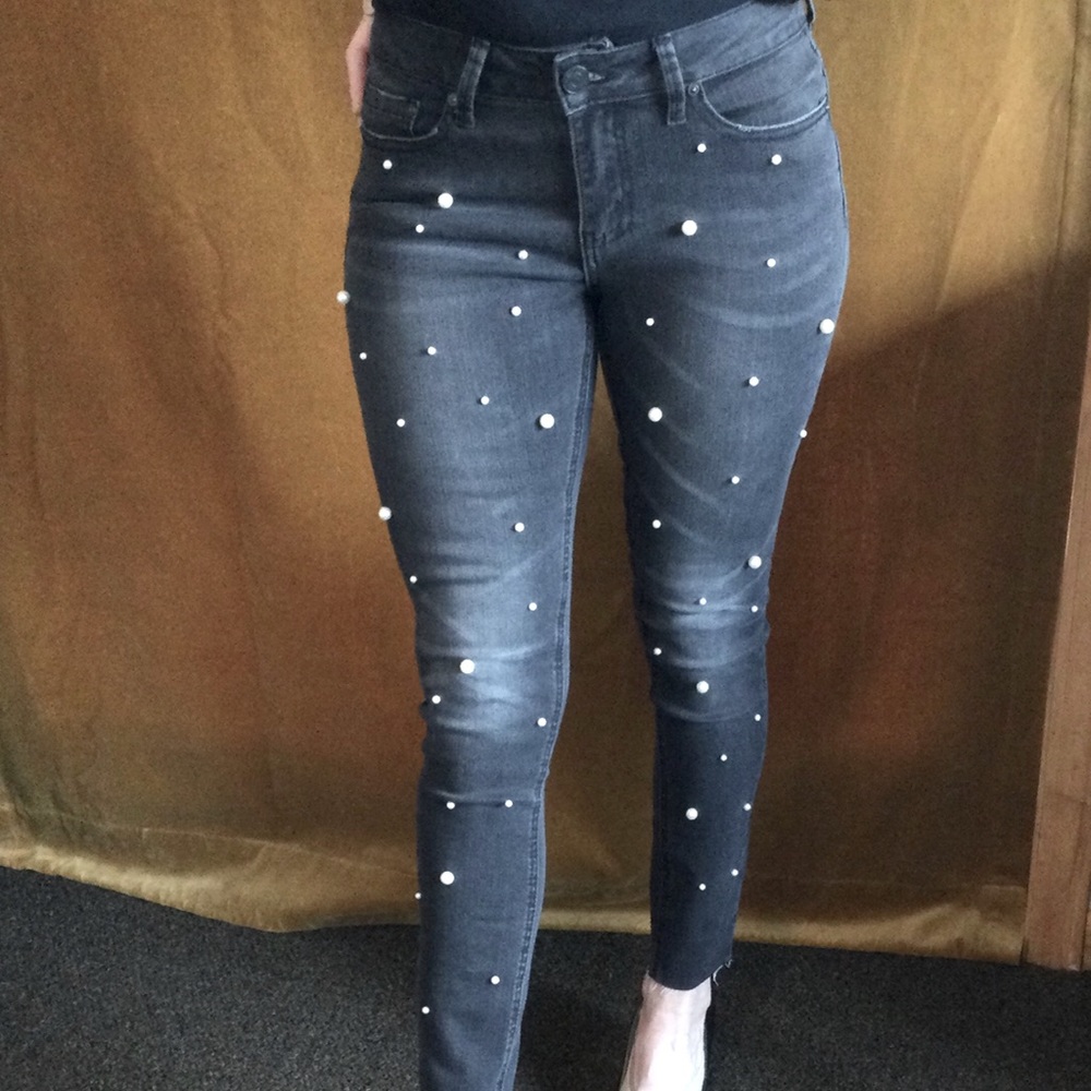 Pearl Embellished Gray Skinny Jean Indigo Rein 26